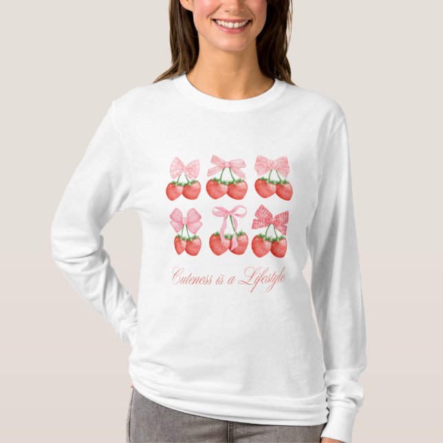 Strawberry & Bows Kawaii Design Long Sleeve T-Shirt (Vorderseite)