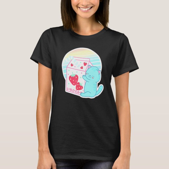 Strawberry Cat Vaporwave 90er Japanische Erdbeere  T-Shirt (Vorderseite)