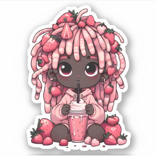 Strawberry Charm: Kawaii Dark Skin Anime Boy Aufkleber (Vorderseite)