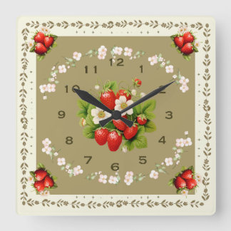 Strawberry Clock Loden Grüner Hintergrund Quadratische Wanduhr
