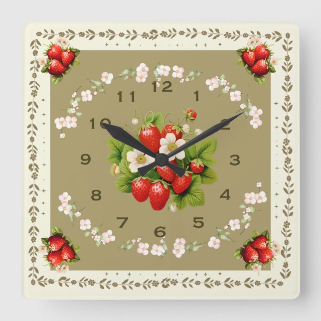 Strawberry Clock Loden Grüner Hintergrund Quadratische Wanduhr (Vorderseite)