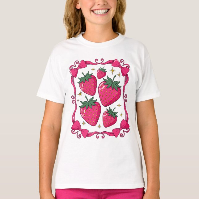 Strawberry Coquette Aesthetic Pink Bow Cute Design T-Shirt (Vorderseite)