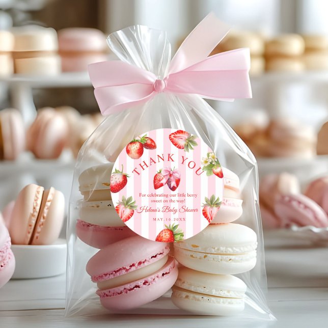Strawberry Coquette Bow Baby Shower Favor Gift Runder Aufkleber (Cute Strawberries Baby Shower Thank you gift stickers)