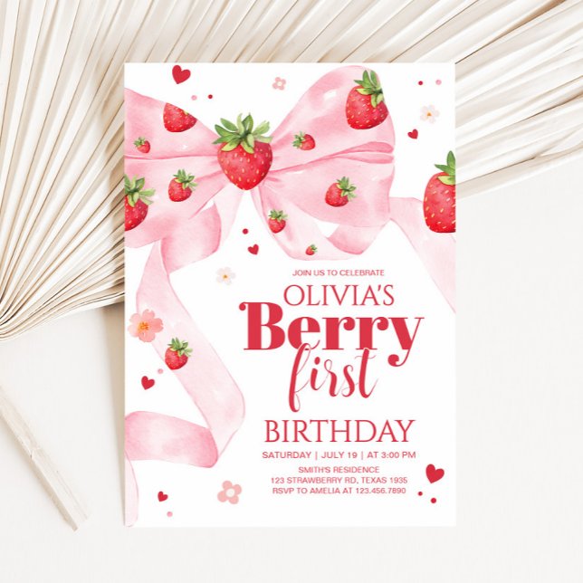 Strawberry Coquette Geburtstagsparty Einladung (Strawberry Coquette Berry First Birthday Party Invitation)