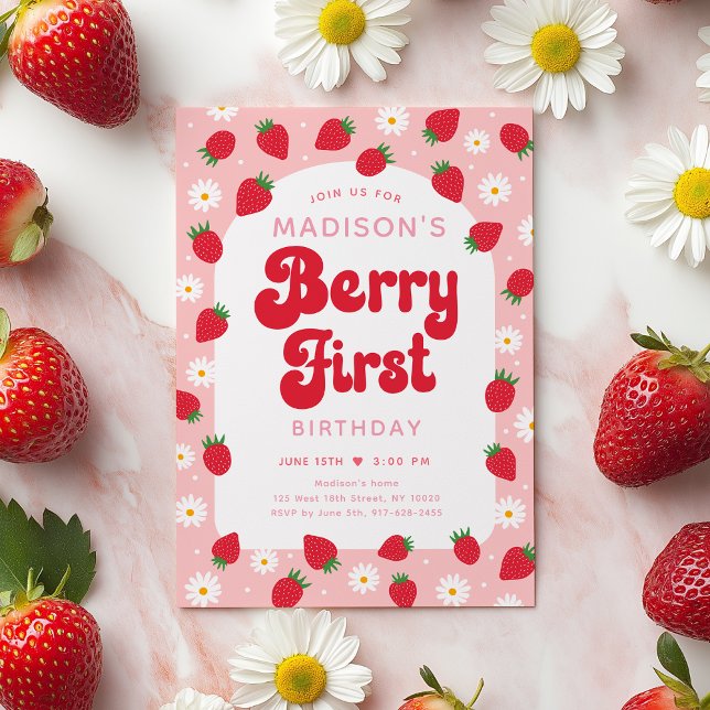 Strawberry Daisy Berry Erster Geburtstag Einladung (Von Creator hochgeladen)