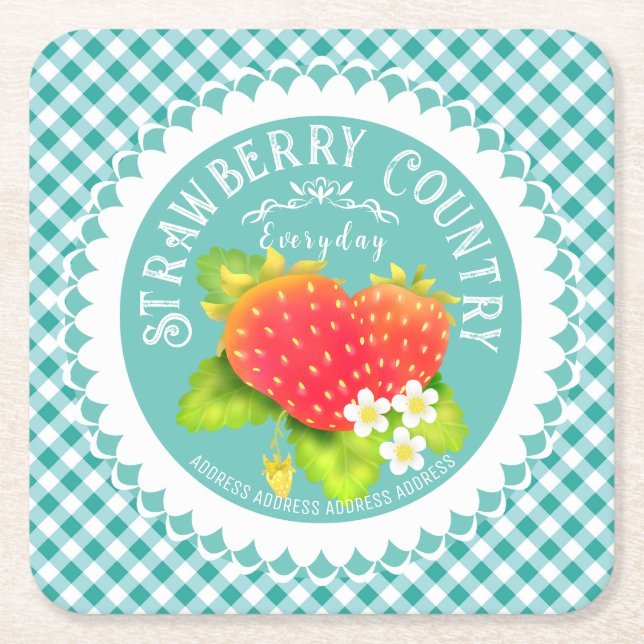 Strawberry Doilies Aquamarin Gingham Rechteckiger Pappuntersetzer (Vorderseite)