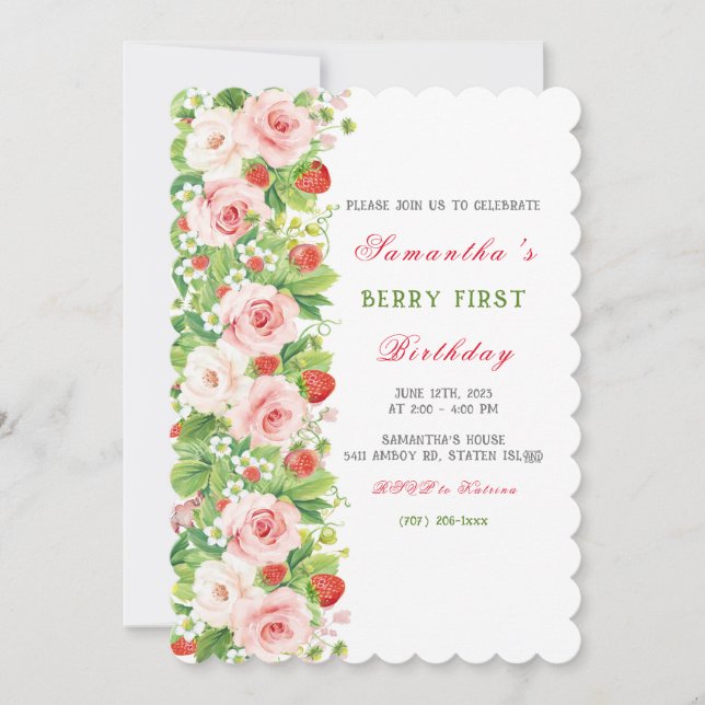 Strawberry Einladung zum ersten Geburtstag (Vorderseite)