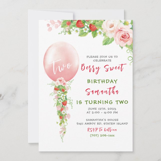 Strawberry Einladung zum ersten Geburtstag (Vorderseite)