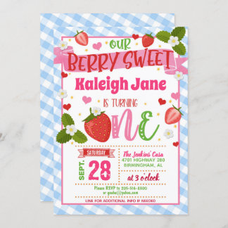 Strawberry Einladung zum ersten Geburtstag - Blau 