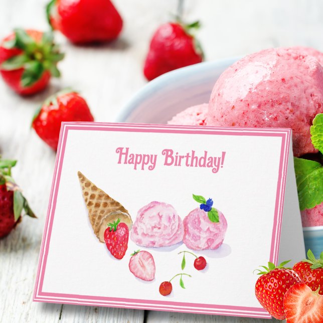 Strawberry Eis Kirschen Geburtstag Karte (A hand painted watercolor of a strawberry ice cream with strawberries as a birthday card.)