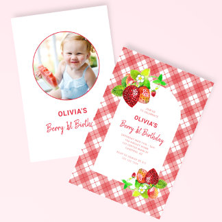 Strawberry Erster 1. Geburtstag Foto Einladung