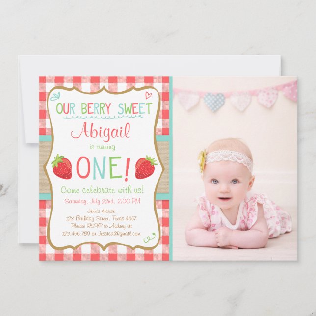 Strawberry Erster Geburtstag Einladung Sommer Part (Vorderseite)