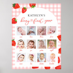 Strawberry Erster Geburtstag Pink Milestone 12 Fot Poster