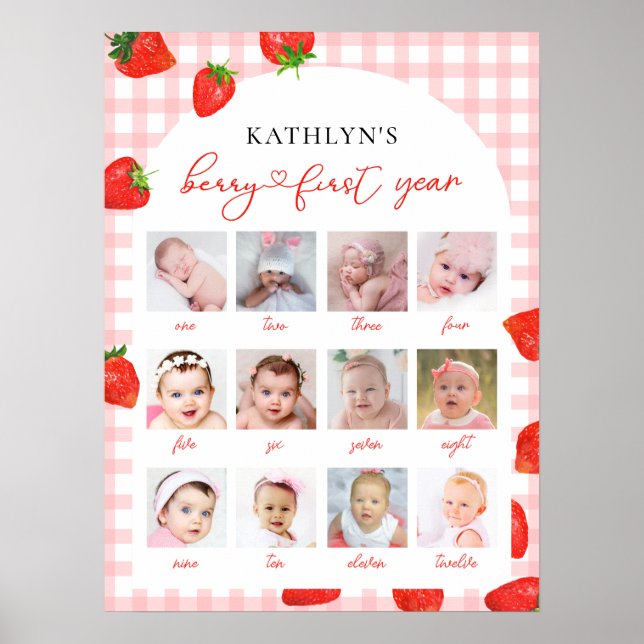 Strawberry Erster Geburtstag Pink Milestone 12 Fot Poster (Vorne)