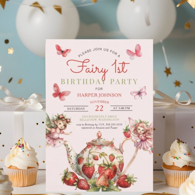 Strawberry Fairy 1. Teapot 1. Geburtstag Einladung (Von Creator hochgeladen)