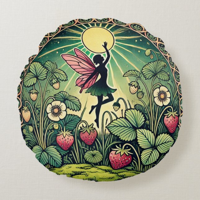 Strawberry Fairy Rundes Kissen (Vorderseite)