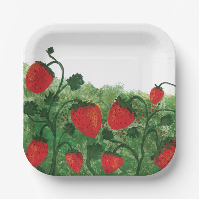 Strawberry Field Watercolor Illustration Pappteller (Vorderseite)
