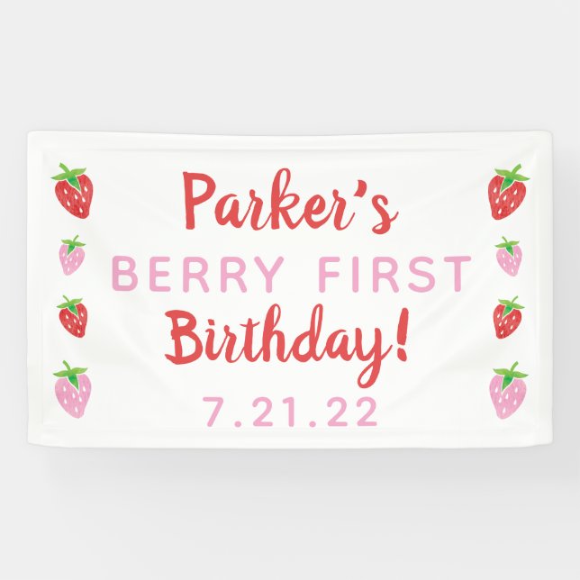 Strawberry First Birthday Banner Berry mit Datum (Horizontal)