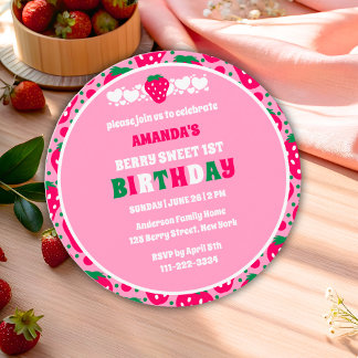 Strawberry First Birthday Celebration Invitation Einladung