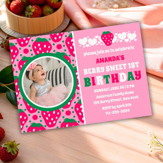 Strawberry First Birthday Celebration Photo Einladung