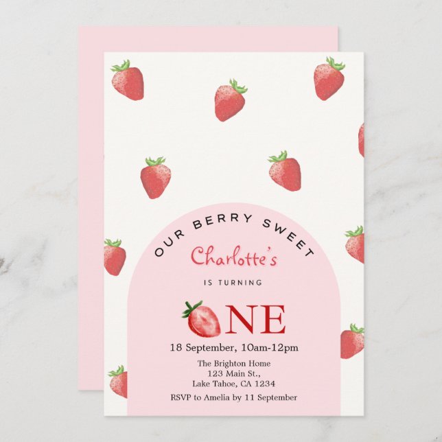 Strawberry First Birthday Einladung (Vorne/Hinten)
