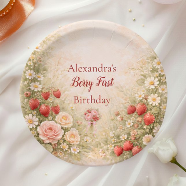 Strawberry First Birthday Garden Party 1st Birthda Pappteller (Von Creator hochgeladen)