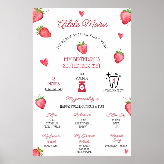 Strawberry First Birthday Milestone Poster (Vorne)