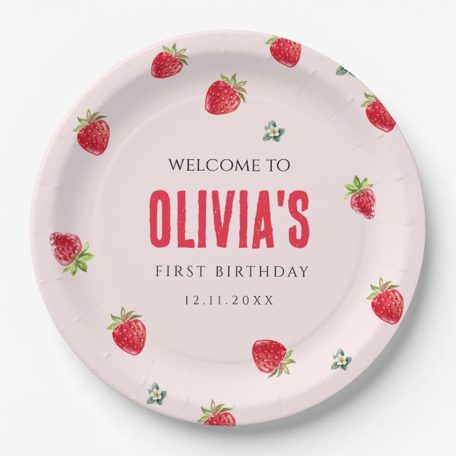 Strawberry First Birthday Paper Tellers Pappteller (Vorderseite)