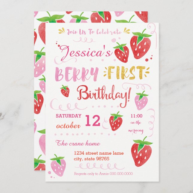 Strawberry First Birthday Party Berry Watercolor Einladung (Vorne/Hinten)