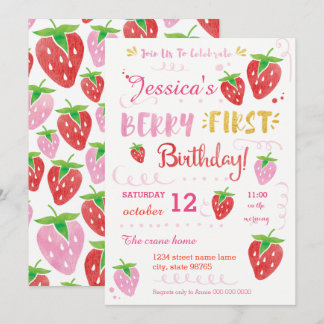 Strawberry First Birthday Party Berry Watercolor Einladung