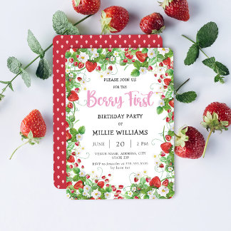 Strawberry First Birthday Party Einladung