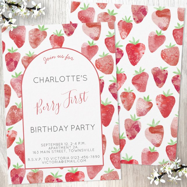Strawberry First Birthday Party Einladung (Von Creator hochgeladen)