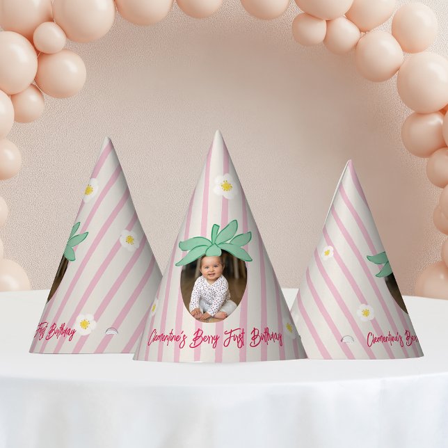 Strawberry First Birthday Party Hat with Photo Partyhütchen (Von Creator hochgeladen)