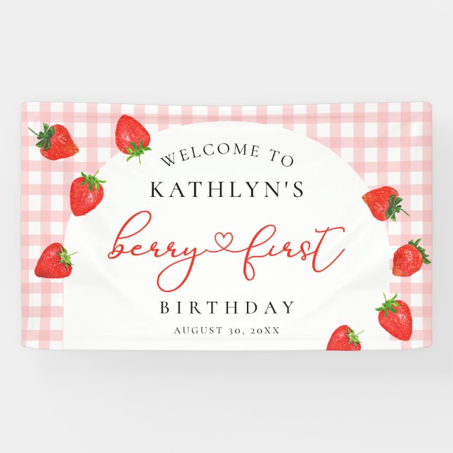 Strawberry First Birthday Pink Berry Willkommen Banner (Horizontal)