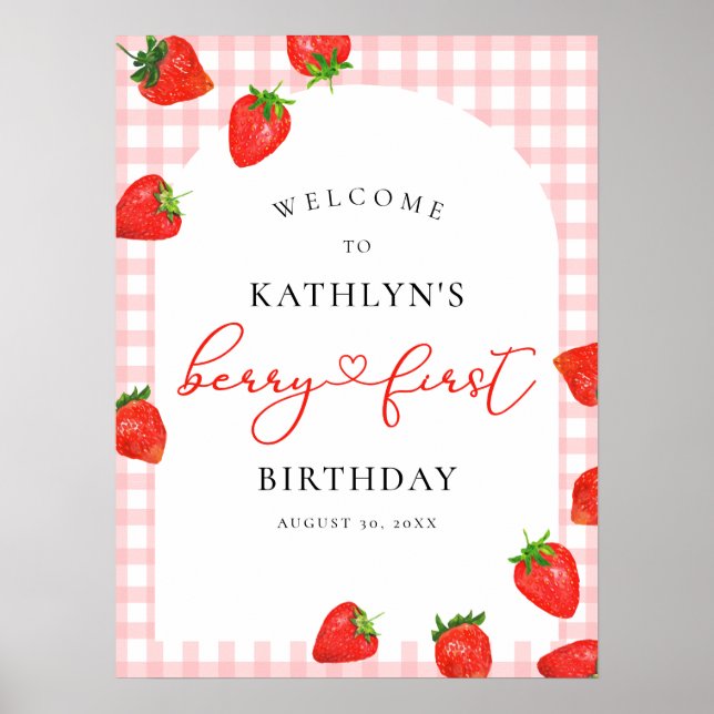 Strawberry First Birthday Pink Berry Willkommen Poster (Vorne)