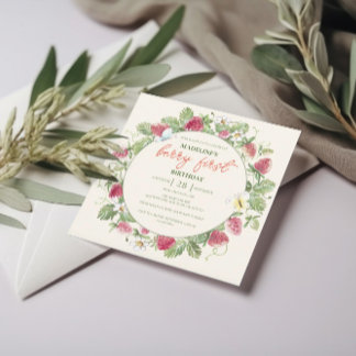 Strawberry Floral Foto Girl Berry Erster Geburtsta Einladung