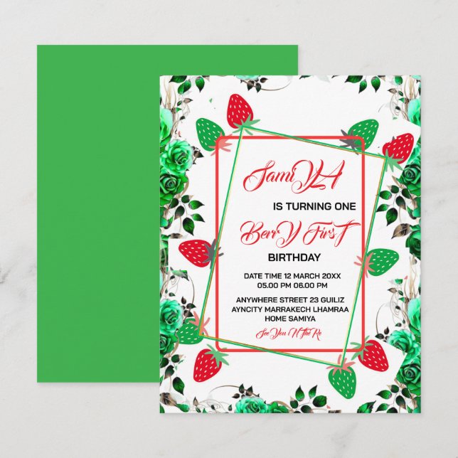 Strawberry Foto Einladung Berry Sweet Erster Gebur (Vorne/Hinten)