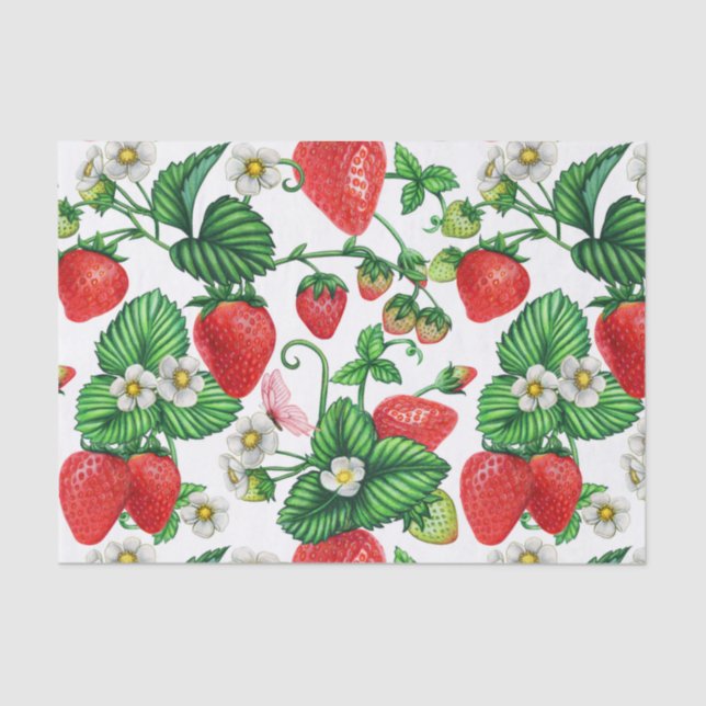 Strawberry Fruit and Strawberry Blossom Lebendig  Seidenpapier (Vorderseite)