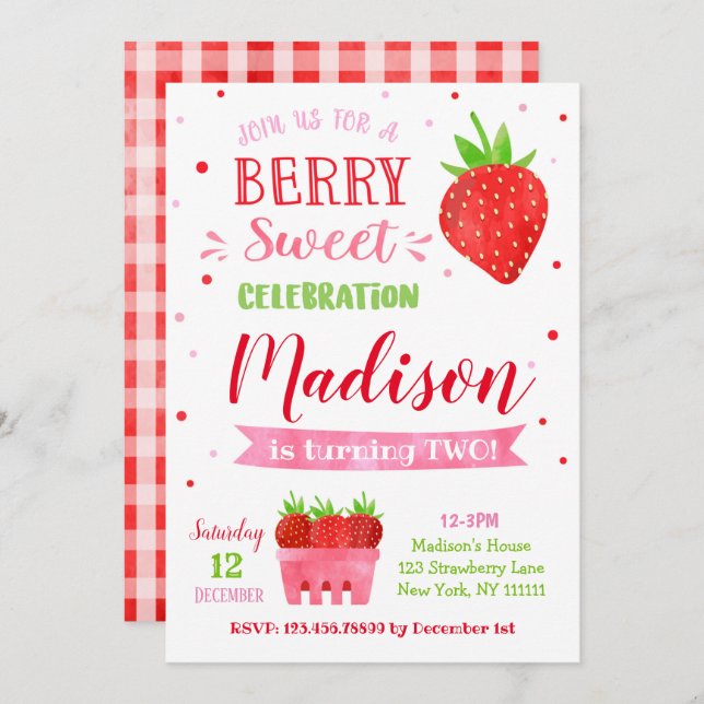 Strawberry Geburtstagsparty Einladungen (Vorne/Hinten)