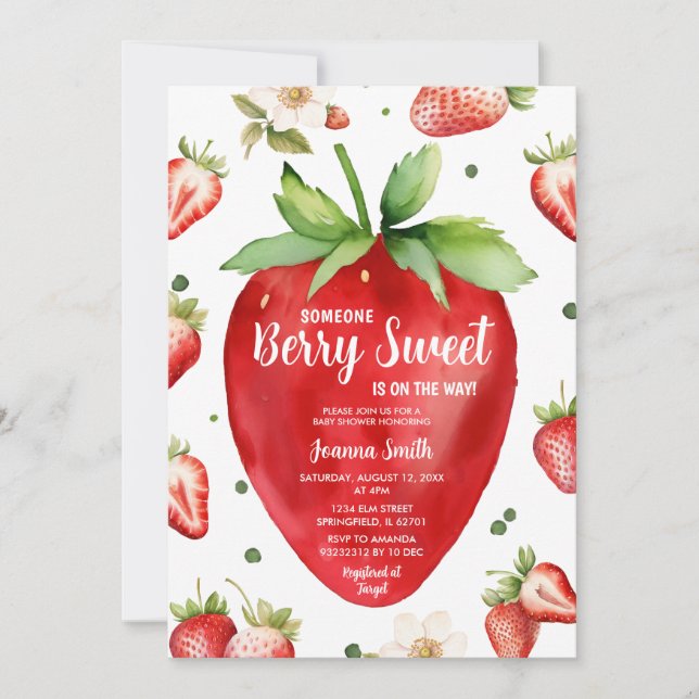 Strawberry Gingham Berry Sweet Girl Baby Shower Einladung (Vorderseite)