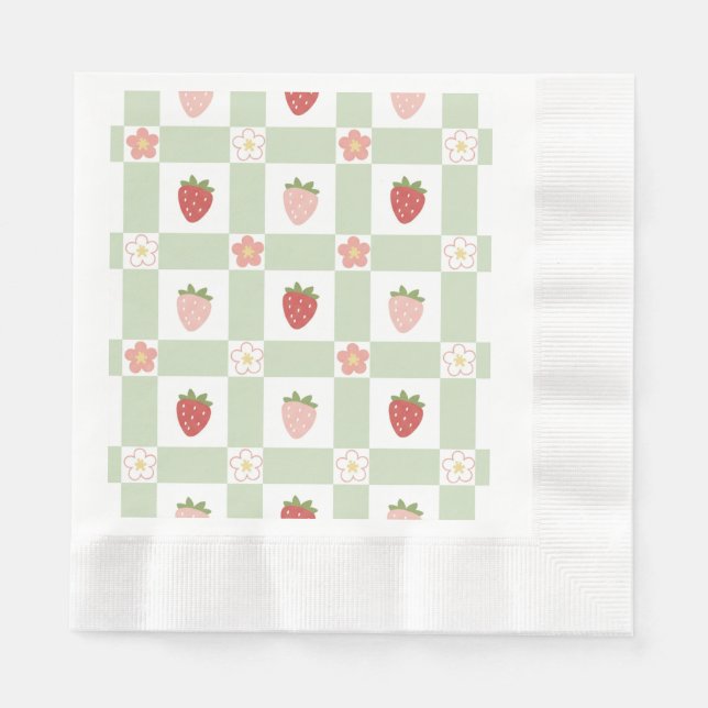 Strawberry Gingham First Birthday Coined Edge Serviette (Vorderseite)