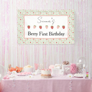 Strawberry Gingham First Birthday Party Banner