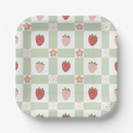 Strawberry Gingham First Birthday Square Pappteller