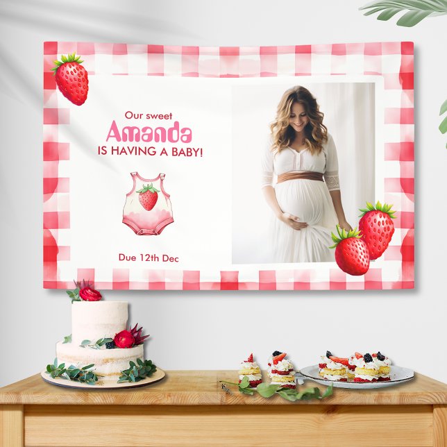 Strawberry Gingham mit Baby Dusche Retro Picnic Banner (Strawberry Gingham Baby shower custom photo name banner part wall decoration pink watercolor country)