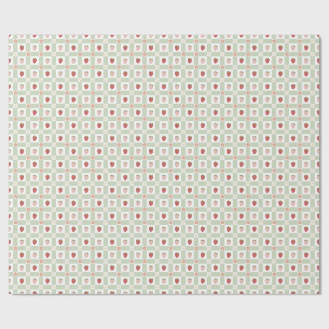 Strawberry Gingham Pastel Green 1st Birthday Geschenkpapier (Flach)