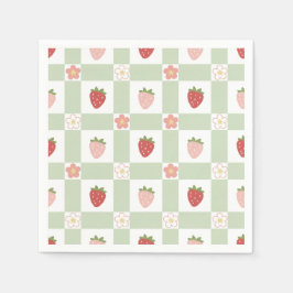 Strawberry Gingham Pastel Green 1st Birthday Serviette