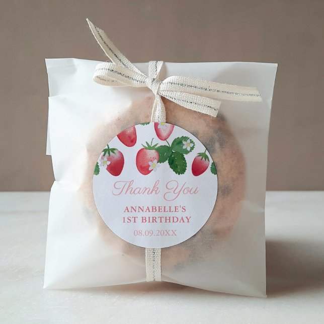 Strawberry Girl Birthday Party Danke für Ihre Unte Runder Aufkleber (Strawberries Child Birthday Party Thank You Favor Sticker)
