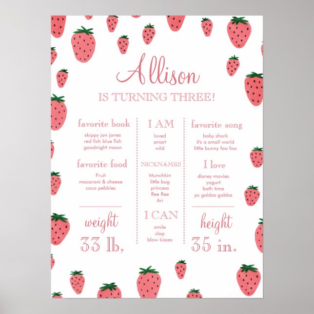 Strawberry Girl First Birthday Milestone Zeichen Poster (Vorne)