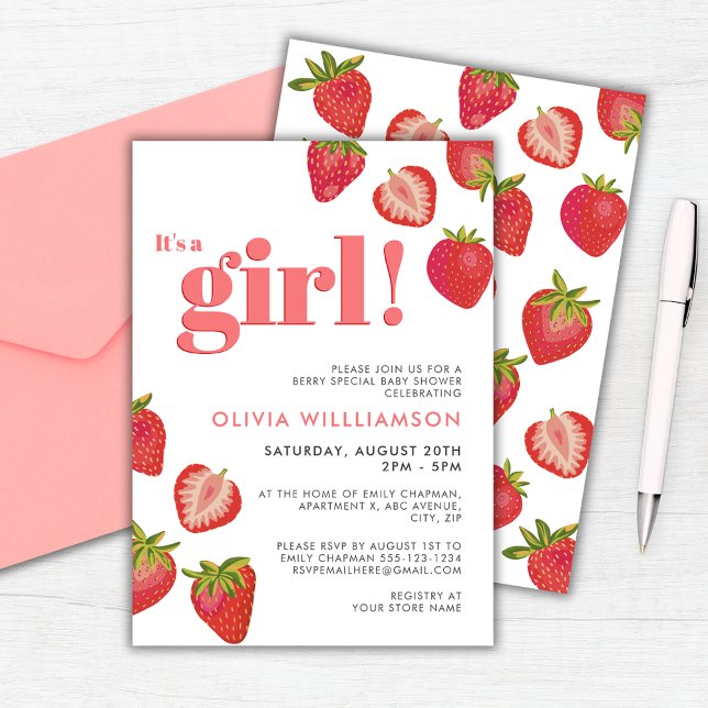 Strawberry Girls Babydusche Einladung (Strawberry baby shower invitation. Customize with your own details.)