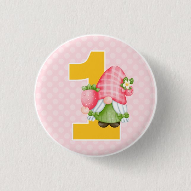 Strawberry Gnome Garden Baby Girl's 1. Geburtstag Button (Vorderseite)